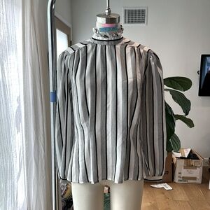 Vintage 70’s Blouse, Black & White Vertical Stripes, a Victorian Collar